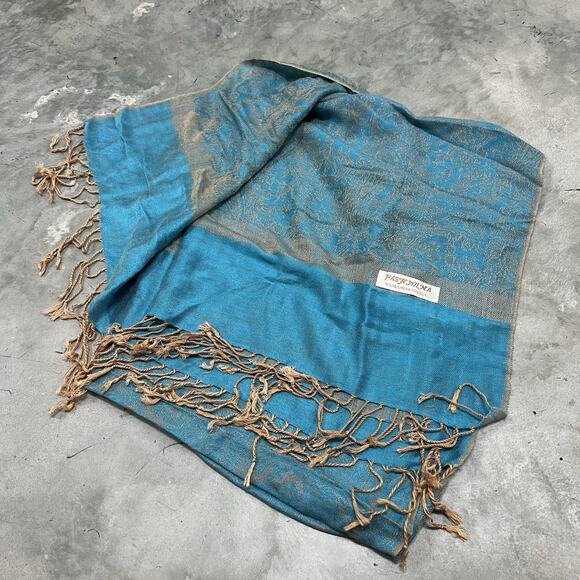 Pashmina Scarf 70% Pashmina 30% Silk Blue Gold - Picture 1 of 6